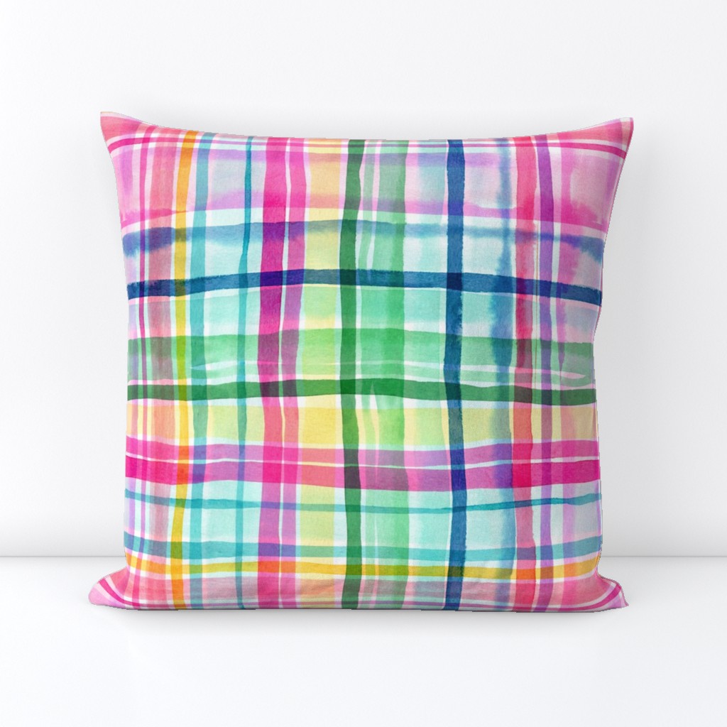 Plaid Cheerful Plaid checks gingham Geometric Multicolor Rainbow Watercolor Medium Plaid Living Decor