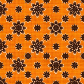 Retro tonal brown flowers on orange slubby plaid small