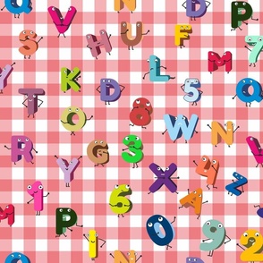 286. Cheerful alphabets letters an numbers on pink checkers