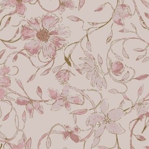 Pillow Talk in Dusk Daydream Collection Vintage watercolor floral vine linen beige, pink mauve, and brown 