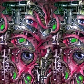 5 biomechanical red magenta neon green silver eyes eyeballs cables wires demons aliens monsters body horror sci-fi science fiction futuristic machines Halloween  cybernetics scary horrifying morbid macabre spooky eerie frightening disgusting grotesque hea