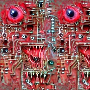 9 biomechanical circuit board blood flesh eyes eyeballs teeth red demons aliens monsters body horror sci-fi science fiction futuristic machines Halloween cybernetics scary horrifying morbid macabre spooky eerie frightening disgusting grotesque heavy metal