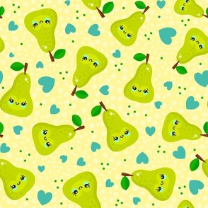 Large Scale Kawaii Smiling Green Pear Fruit and Hearts