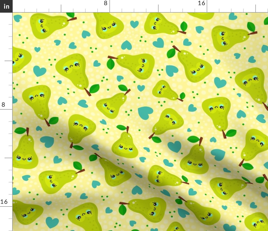 Large Scale Kawaii Smiling Green Pear Fruit and Hearts