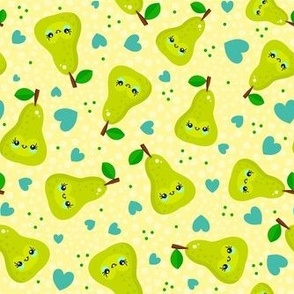 Medium Scale Kawaii Smiling Green Pear Fruit and Hearts