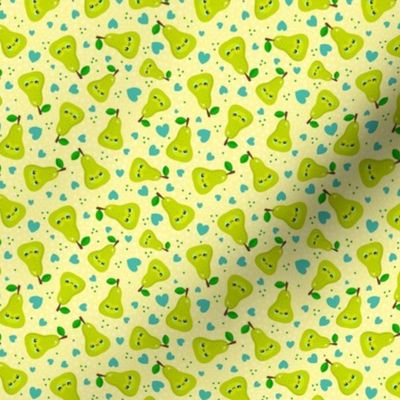 Small Scale Kawaii Smiling Green Pear Fruit and Hearts