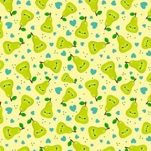 Small Scale Kawaii Smiling Green Pear Fruit and Hearts