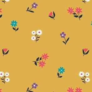 Retro wildflowers scandinavian blossom garden boho floral flowers and vines white coral blue on ochre mustard yellow