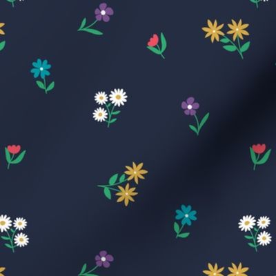 Retro wildflowers scandinavian blossom garden boho floral flowers and vines colorful white yellow teal on navy blue