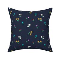 Retro wildflowers scandinavian blossom garden boho floral flowers and vines colorful white yellow teal on navy blue