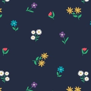 Retro wildflowers scandinavian blossom garden boho floral flowers and vines colorful white yellow teal on navy blue
