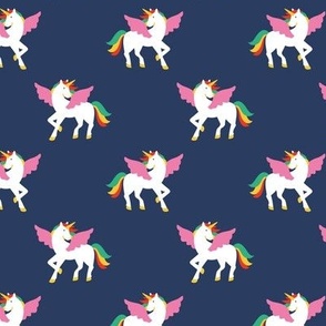 Sweet unicorn love kids pegasus dreams and wings magic fantasy design colorful nineties palette on navy
