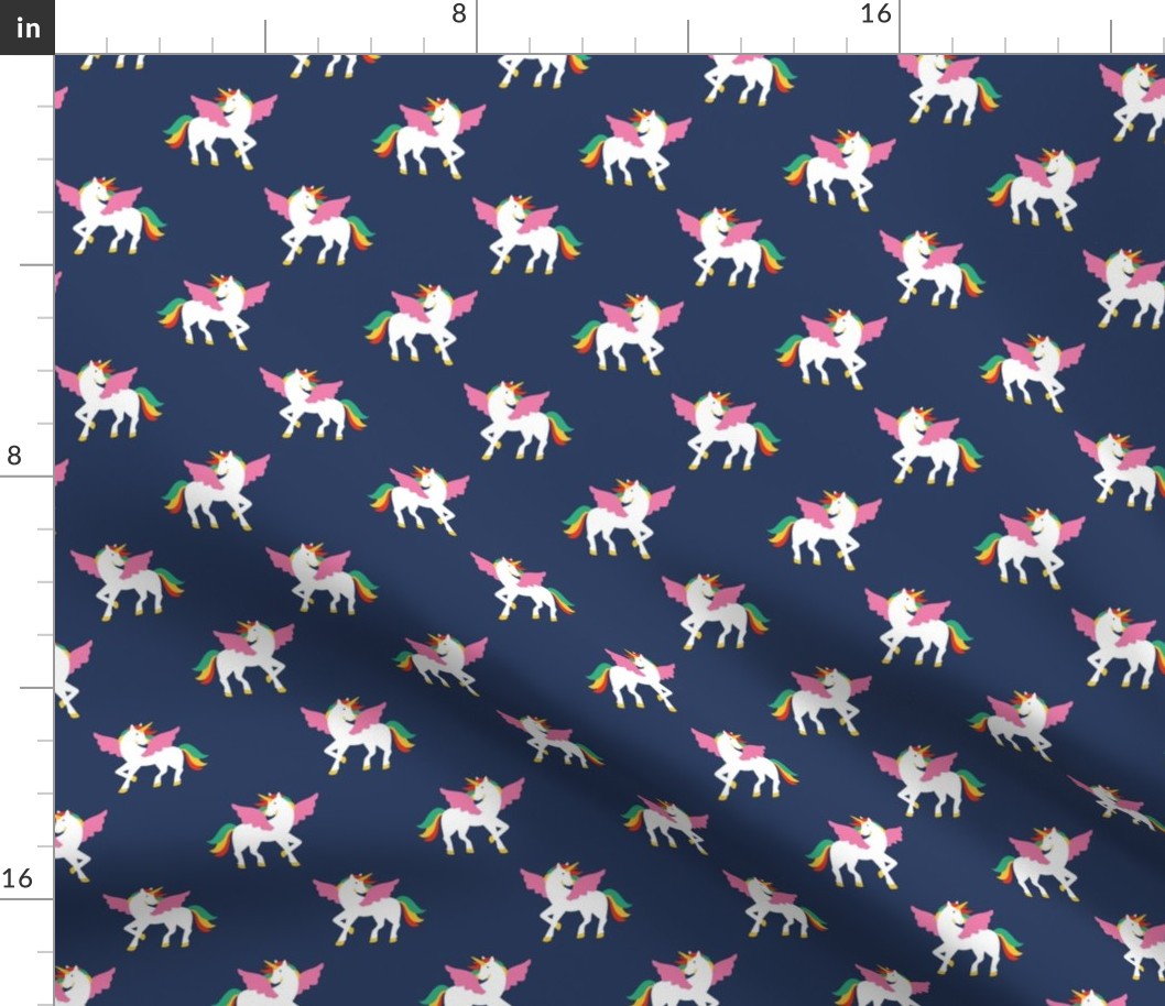 Sweet unicorn love kids pegasus dreams and wings magic fantasy design colorful nineties palette on navy