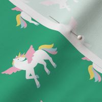 Sweet unicorn love kids pegasus dreams and wings magic fantasy design colorful pastel yellow pink blue on apple green