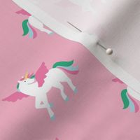 Sweet unicorn love kids pegasus dreams and wings magic fantasy design colorful pastel yellow green blue on pink girls