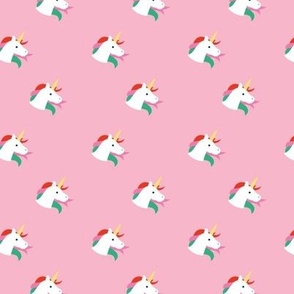 Sweet kawaii unicorn faces with long hair and magical horn kids fantasy dreams in retro nineties red green yellow on pink