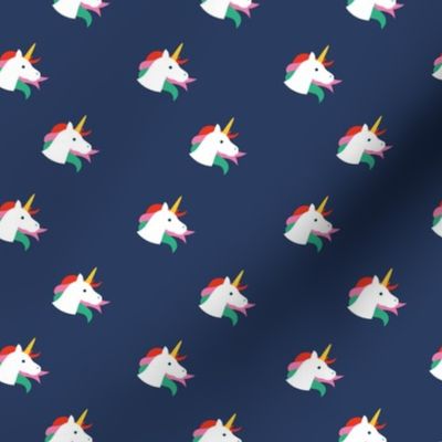 Sweet kawaii unicorn faces with long hair and magical horn kids fantasy dreams in retro nineties red green yellow on navy blue