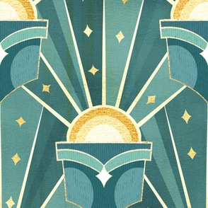 Retro Art Deco Sunshine - Teal  - Large Scale