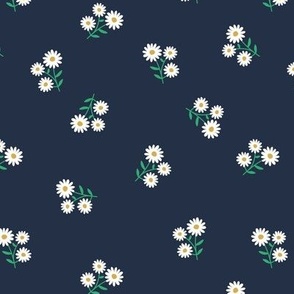 Sweet daisy minimalist blossom bouquet flowers and leaves garden wildflower branches white emerald green on navy blue