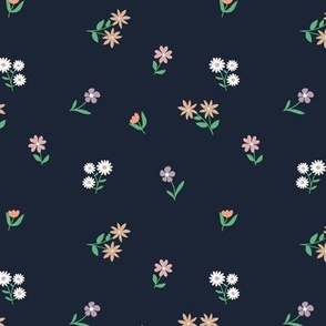 Romantic wildflowers scandinavian blossom garden boho floral flowers and vines white green beige and moody purple on navy blue