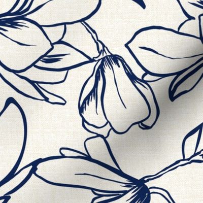 Magnolia Garden Floral - Textured Ivory and Navy Blue Outline Large