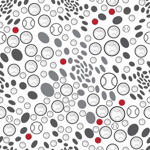 Swirling Baseballs and Polka Dots—Black, White, Gray, Red; Tween Sheets, Kids