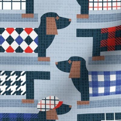 Normal scale // Cheerful doxies check! // pastel blue background electric blue coral vivid and neon red checks dog winter clothes nile blue and brown geometric dachshund puppies 
