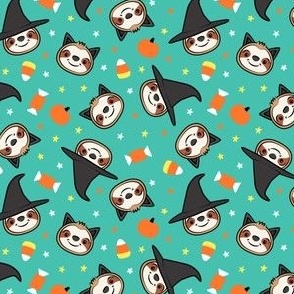 (small scale) Halloween Sloths - Witch and Cat Sloths - teal - LAD22