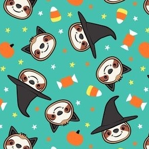 Halloween Sloths - Witch and Cat Sloths - teal - LAD22