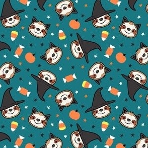 (small scale) Halloween Sloths - Witch and Cat Sloths - dark teal - LAD22
