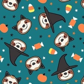 Halloween Sloths - Witch and Cat Sloths - dark teal - LAD22