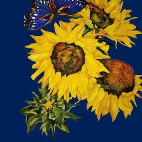 109c. LARGE Blue Butterfly and Sunflowers on Navy