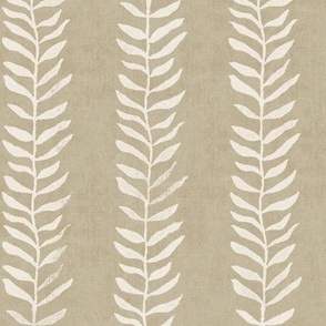 Botanical Block Print, Vanilla on Bronze Gold (large scale) | Leaf pattern fabric from original block print, neutral decor, plant fabric, tan fabric, cream and taupe.