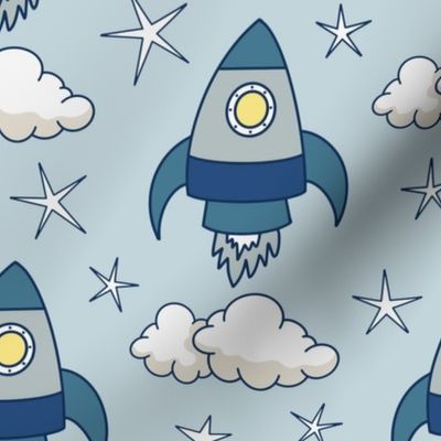 cute rockets and stars on light blue | medium | colorofmagic