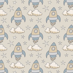 cute rockets and stars on light yellowish gray | medium