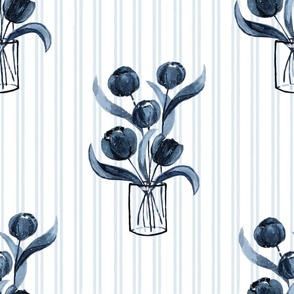 Indigo Watercolor Tulips with Pinstripe (Large Pattern)