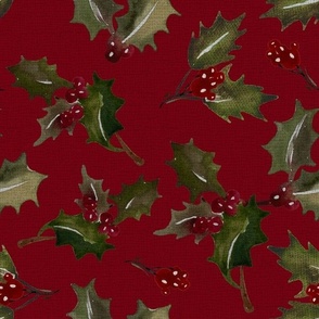 Vintage Christmas Holly with berrys - Dark Red Background