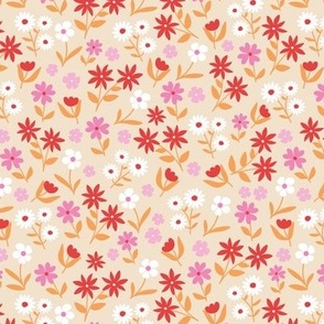 Wildflowers meadow ditsy flowers blossom garden delicate floral design summer orange blush pink red on cream