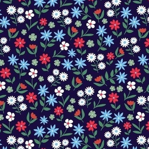 Wildflowers meadow ditsy flowers blossom garden delicate floral design red blue green on navy blue