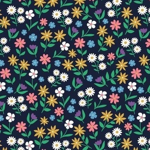 Wildflowers meadow ditsy flowers blossom garden delicate floral design blue green yellow pink on navy blue