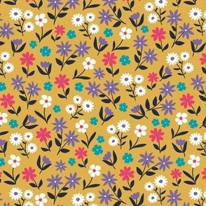 Wildflowers meadow ditsy flowers blossom garden delicate floral design teal lilac purple coral on ochre mustard yellow 