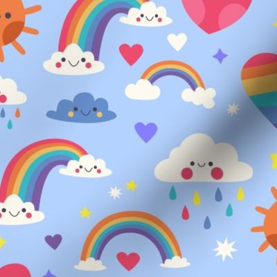 Rainbow Clouds Summer Fabric Baby Room Hearts, Light Blue, Kids Fabric