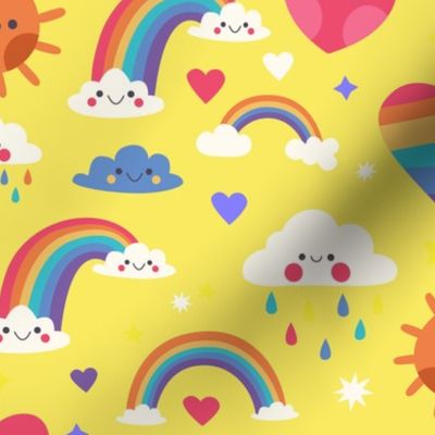 Rainbow Clouds Summer Fabric Baby Room Hearts, Light Yellow, Kids Fabric