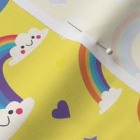 Rainbow Clouds Summer Fabric Baby Room Hearts, Light Yellow, Kids Fabric