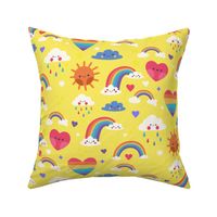 Rainbow Clouds Summer Fabric Baby Room Hearts, Light Yellow, Kids Fabric