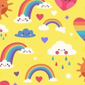 Rainbow Clouds Summer Fabric Baby Room Hearts, Light Yellow, Kids Fabric