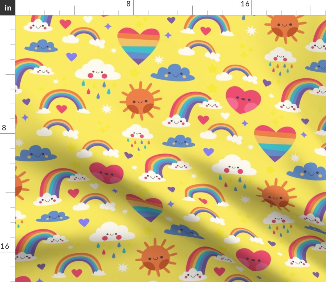 Rainbow Clouds Summer Fabric Baby Room Hearts, Light Yellow, Kids Fabric