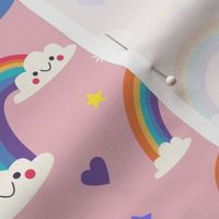 Rainbow Clouds Summer Fabric Baby Room Hearts, Light Pink, Kids Fabric