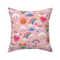 Rainbow Clouds Summer Fabric Baby Room Hearts, Light Pink, Kids Fabric