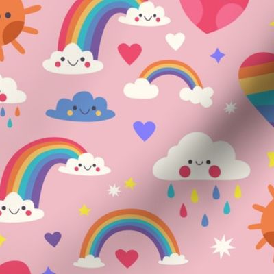 Rainbow Clouds Summer Fabric Baby Room Hearts, Light Pink, Kids Fabric